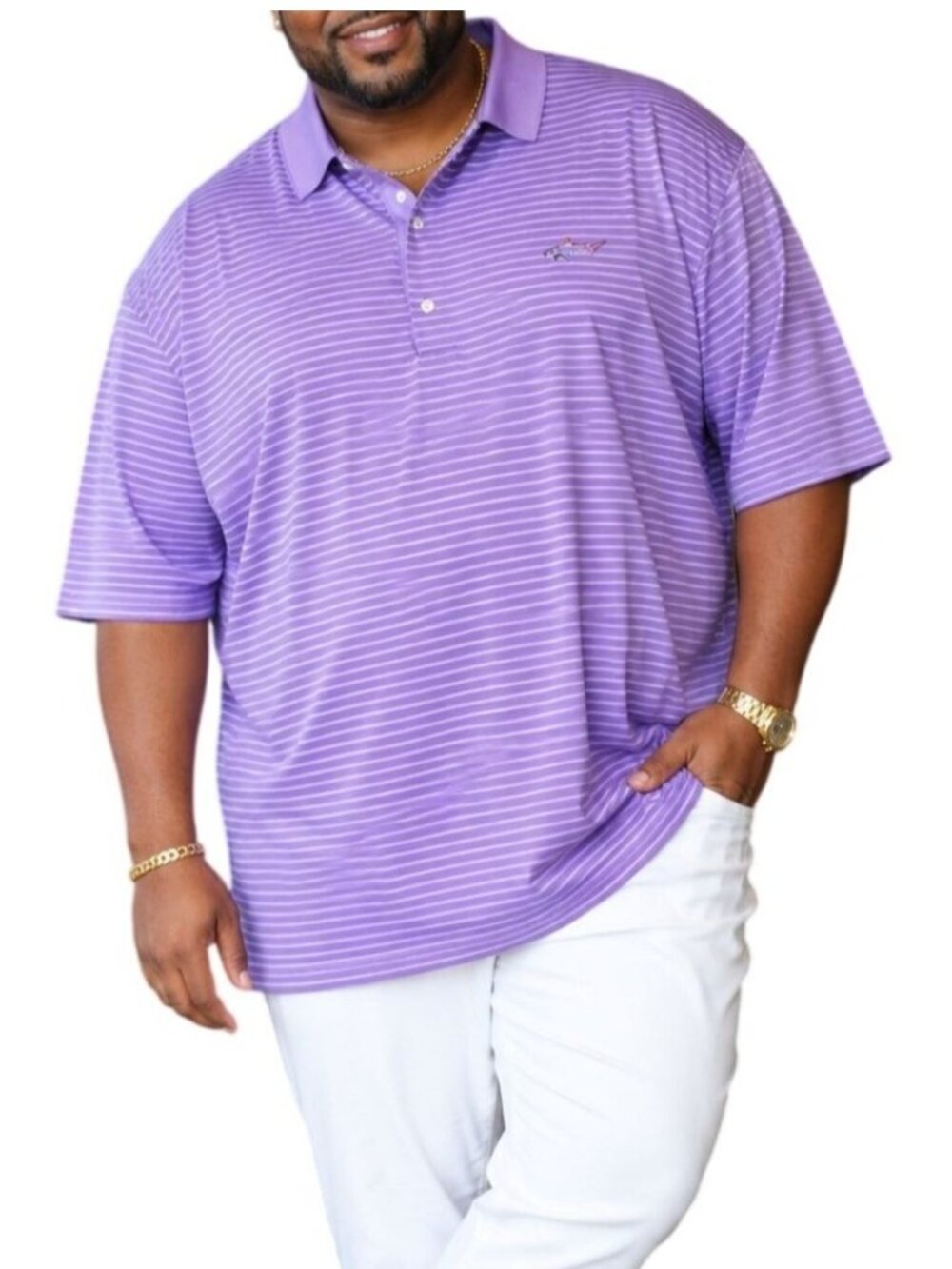 Greg Norman Size XXL Polo Shirt Striped Lavender Moisture-Wicking Golf Apparel